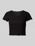 Only Cropped T-Shirt mit Muschelsaum Modell 'KIKA' in Black, Größe XS