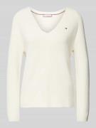 Tommy Hilfiger Strickpullover mit Logo-Stitching in Ecru, Größe M