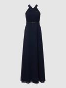 V.M. Abendkleid mit Ziersteinbesatz und Raffungen in Marine, Größe 32