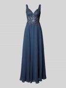Luxuar Abendkleid mit Spitzenbesatz in Rauchblau, Größe 36