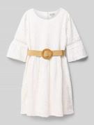 Happy Girls Kleid mit Lochstickerei und Gürtel in Ecru, Größe 146