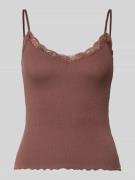 REVIEW Slim Fit Top aus Viskose-Mix mit Spitzenbesatz in Dunkelbraun, ...