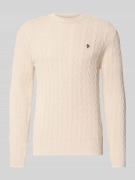 REVIEW Strickpullover mit Zopfmuster und Logo-Stitching in Ecru, Größe...