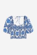 H&M Gesmokte Bluse Weiß/Blau gemustert, Tops in Größe L. Farbe: White/...