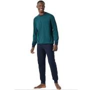 Schiesser Essential Nightwear Pyjamas Crew Neck Blau/Grün Baumwolle X-...