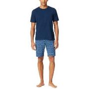Schiesser Casual Essentials Short Sleeve Pyjama Marine gemustert Baumw...